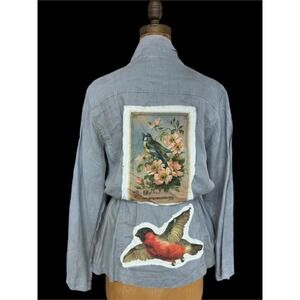100% Linen Utility Jacket Size L – Drawstring Waist‎ Bird Patch One of a Kind